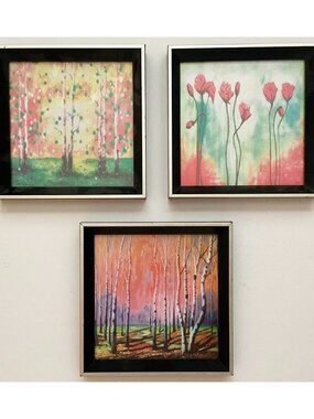 3 Small Framed Prints Colourful Abstract Birchtrees / Flowers 7 1/2 Square